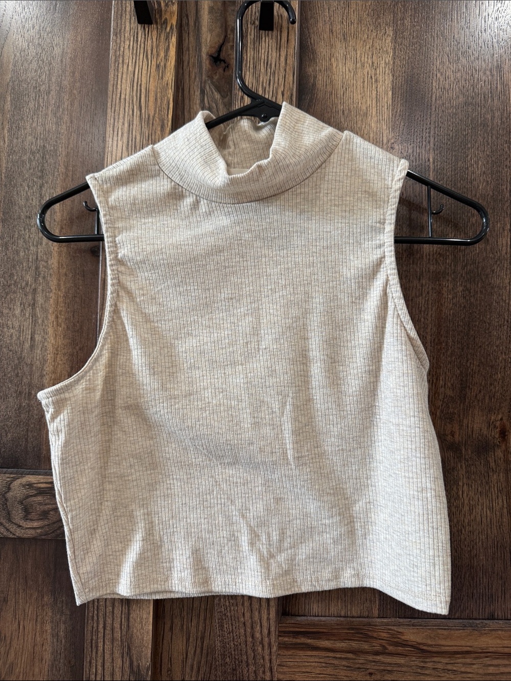 Sleeveless Ribbed Mock Neck Tank Top - Light Beige